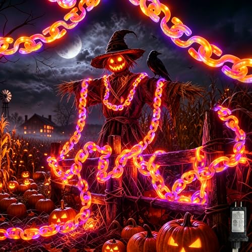 amadecohome Halloween Decorations Plastic Chain Lights 10ft Outdoor Waterproof Orange Purple String Lights with Timer & 8 Lighting Modes Spooky Creepy Decor for Skeleton Dog Halloween Costume Party
