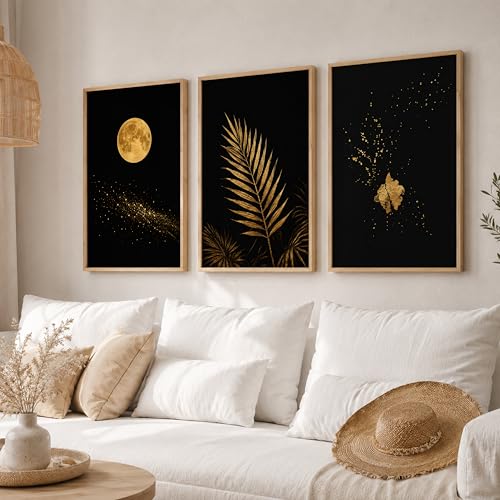Image of TheMakerly Set of 3 Moon & Golden Palm Leaf Wall Art Paintings for Living Room | Modern Luxury Black Gold Wall Decor | Framed Wall Paintings for Bedroom, Hall, Office & Home Decoration (10x13 Inches)