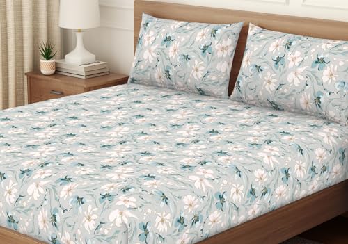 Image of Welspun ENZO King Size Fitted Bedsheet with 2 Pillow Covers | 360 Elastic | 100% Pure Cotton | 72 x 79 Inches | Soft, Breathable, Lightweight & Easy Care | Light Grey