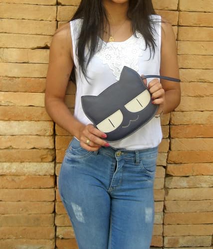 Carteira Bolsa de Mão Feminina Clutch Gato Gatinho Porta Celular Couro Legítimo (Preta)