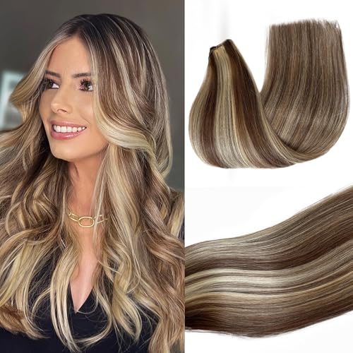 �u�����h�n�C���C�g Sew in Hair Extension Real Human Hair Bundles Medium Brown Mix Bleach Blonde Highlight Hair Wefts�n���h�^�C�h�\�[�C���q���[�}���w�A�G�N�X�e