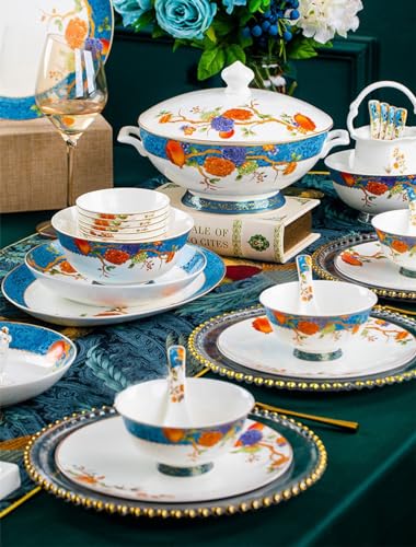 Zestaw zastawy stołowej z porcelany kostnej, 60 sztuk dla 10-12 osób, kwiatowy wzór granatu, europejski wzór pałacowy, wysokiej jakości przybory kuchenne, zastawa stołowa gotowa na prezent