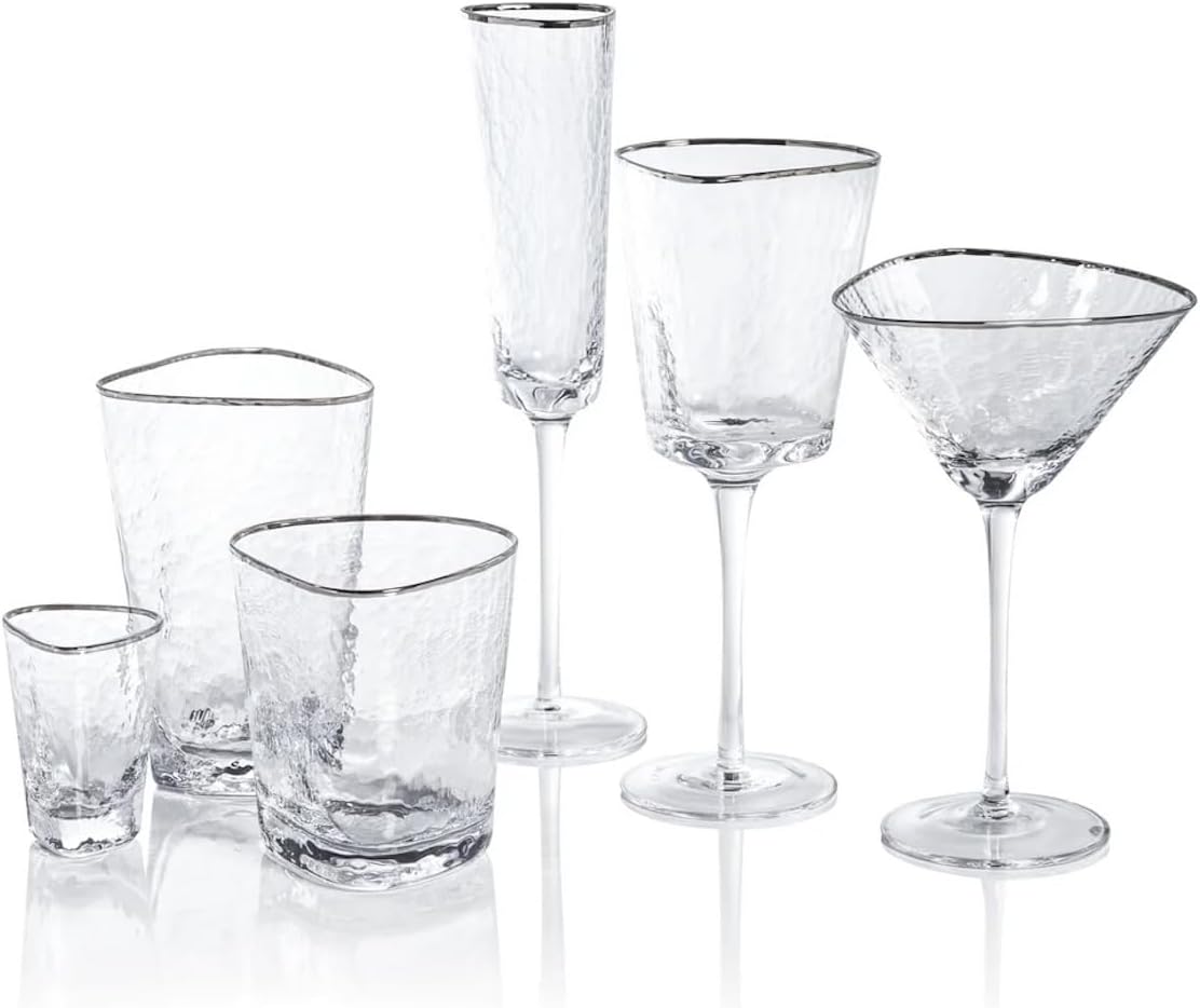 Zodax Aperitivo Triangular Stemware or Glassware - Clear with Platinum Rim - Sets of 4 (Wine)