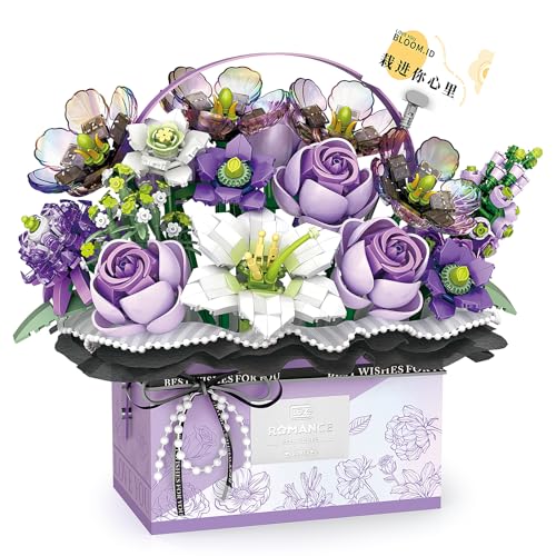 lanliebao Flowers Bouquet Building Blocks Model Set,DIY Rose Handheld Gift Box,Rose bouquet bonsai building block toy,Suitable for adults and Children(Purple with Cover) - Thumbnail 7