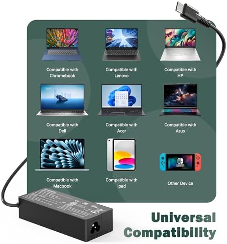 100W USB C Laptop Charger Universal Compatible with Lenovo Thinkpad Yoga Chromebook, Mac Book, HP, Dell, Acer, Asus, Samsung, Google and All USB Type C Devices, Fast Adapter Power Cord Supply