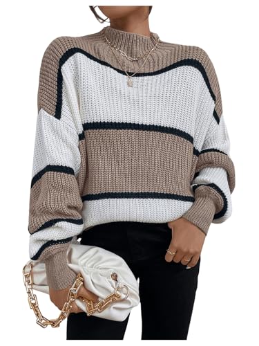 Milumia Women's Colorblock Mock Neck Sweaters Lantern Long Sleeve Loose Pullover