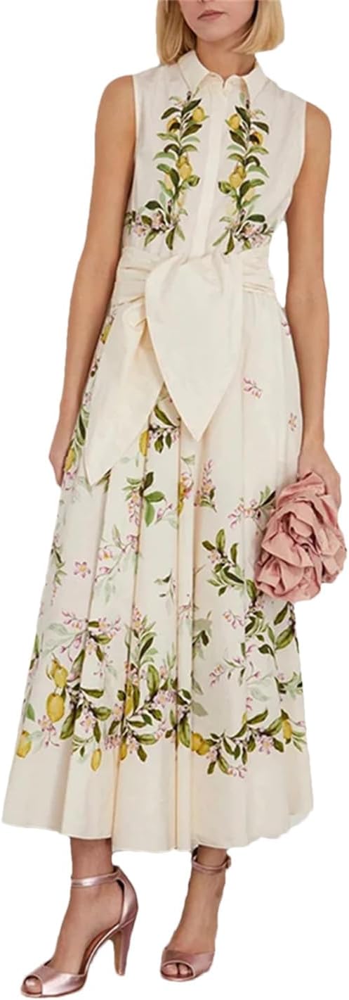 Women Lapel Sleeveless High Waist Spliced Lace Up Temperament Elegant Printing Dress