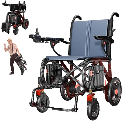 Silla de Ruedas Eléctrica Ligera para Adultos, Silla de Ruedas Plegable de Fibra de Carbono para Viajes con 2*10Ah Baterías de Litio, 400W Motor, Luces Delanteras, Autonomía de 30 km, Capacidad de 100