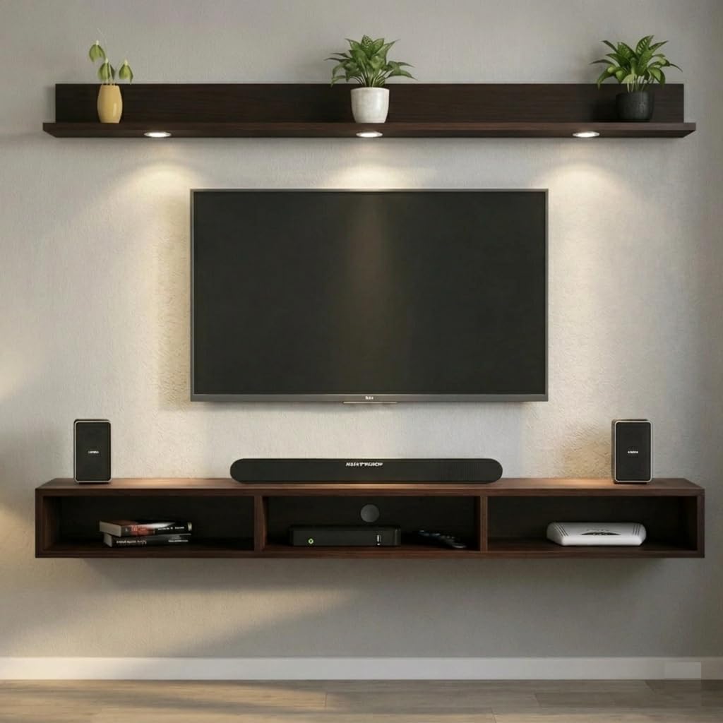 DAS Russell Wall Mounted TV Unit with LED Lights & Storage Shelf | Modern Floating Entertainment Unit for Living Room | Wooden Finish Media Console for Set Top Box, Wenge up to 55 inch Screen-image-25