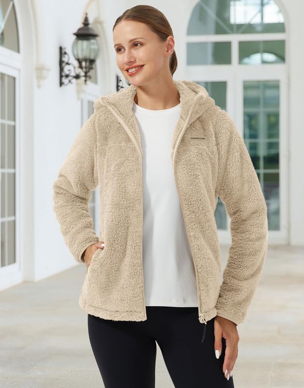 Pioneer Camp Fleecejacke Damen mit Kapuze Warm Flauschig High-Pile Teddyfleece Vollreißverschluss Outdoor Kuscheljacke Sherpa Jacke für Alltag Zuhause