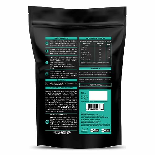 Image of Nakpro Beta Alanine Supplement Powder| Muscle Building Amino Acid, Faster Recovery, Pre Workout supplement for Men & Women -100g Blueberry, (33 Servings)