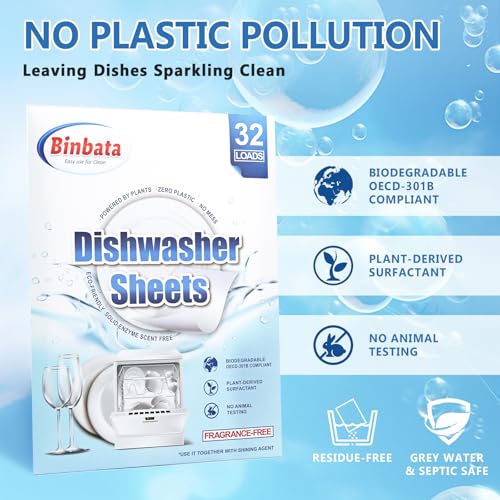Image of Binbata Upgraded Eco Dishwasher Detergent Sheets Up To 32 Loads, Unscented Plastic Free Dishwashing Soap Strips With High Efficient Solid Enzyme, Leaving Dishes Sparkling Clean