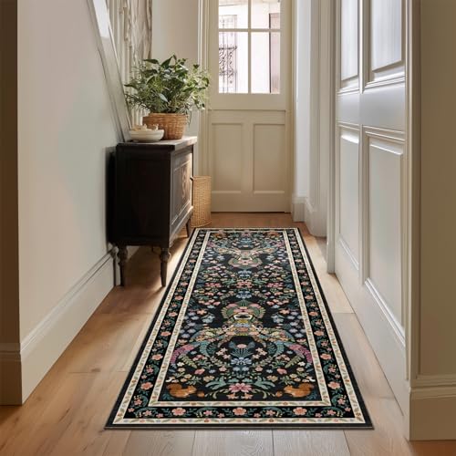 Image of Area Rug Hallway Vintage Floral Deer Pattern 2x6 - Bohemian Forest Animal Carpet with Squirrel & Butterfly, Soft Decorative Area Rug for Living Room Bedroom Home Decor