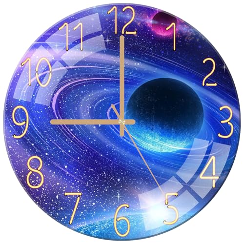 ALEENFOON Reloj de Pared de Vidrio de 12 Pulgadas, Silencioso Sin Tic TAC Moderno Redondos Reloj de Cocina Pared 30 cm para Cocina, Sala de Estar, Dormitorio, Oficina (Planeta Cósmico)