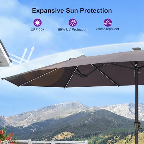 Image of PURPLE LEAF Outdoor Umbrella 13ft with Base and Solar Lights, Light Grey