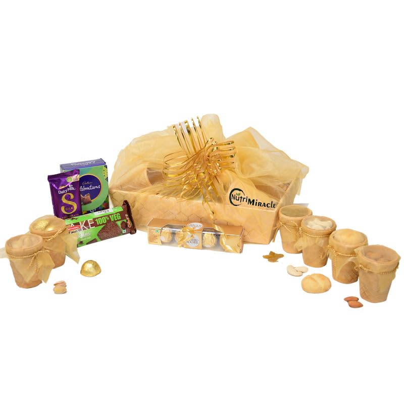 Image of NUTRI MIRACLE Diwali Edible Cups with Nuts and Chocolate Hamper with Diya | Gift for Relatives