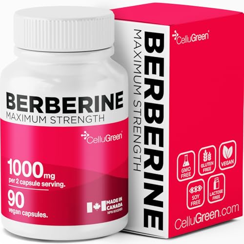 NEW! Cellugreen Berberine STRONGEST STRENGTH 1000mg (2 x 500mg Capsules) for Blood Sugar, Digestive & Heart Health, Non-GMO, 90 Capsules, Canadian Made.