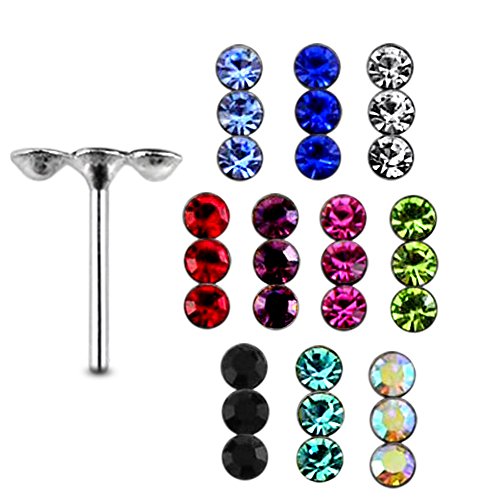 Coffret de 20 pièces de Calibre 22 925 Sterling Silver Triple joyau extrémité Droite Nez Pin Nez Stud Piercing