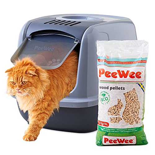 【OFT】 PeeWee エコドーム グレー 本体+木製ペレット猫砂猫砂2.8kg(4.4L)セット シーツのいらないシステムトイレ 崩れるタイプの専用木製ペレット付き メガサイズ 原料は木くずのみ アンモニア臭を中和 トイレに流せる猫砂 大きいネコトイレ