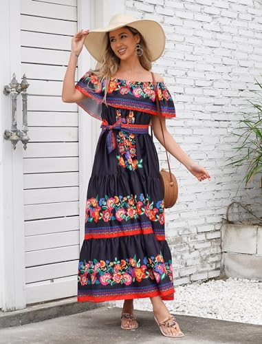 Mexican Dress for Women Off Shoulder Floral Print Long Maxi Dress Summer Cinco de Mayo Party Dresses with Belt2