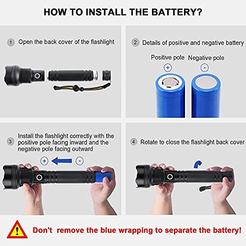 Rechargeable Tactical Flashlights 90000 High Lumens, Brightest Powerful LED Flashlight with Battery Included, High Lumens, Zoomable, 3 Light Modes, Handheld Flashlight for Outdoor Indoor