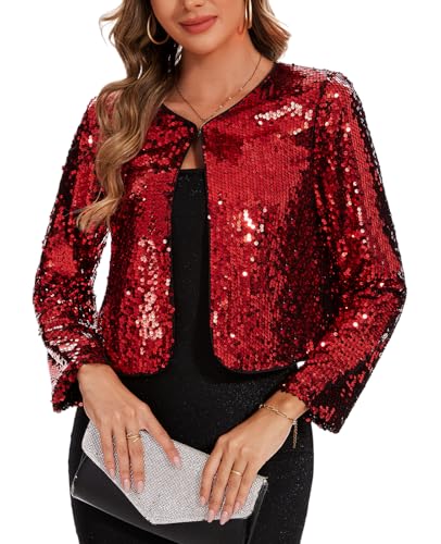 Image of MINTLIMIT Women's Sequin Jacket Long Sleeve Open Front Sparkly Shrugs Glitter Cropped Bolero Cardigans
