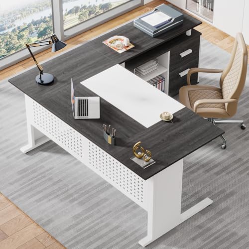 Image of Tribesigns 63 Inch Executive Desk with File Cabinet, L Shaped Office Desk with Drawers and Storage Shelves, Business Furniture Set Workstation for Home Office, Gray and White