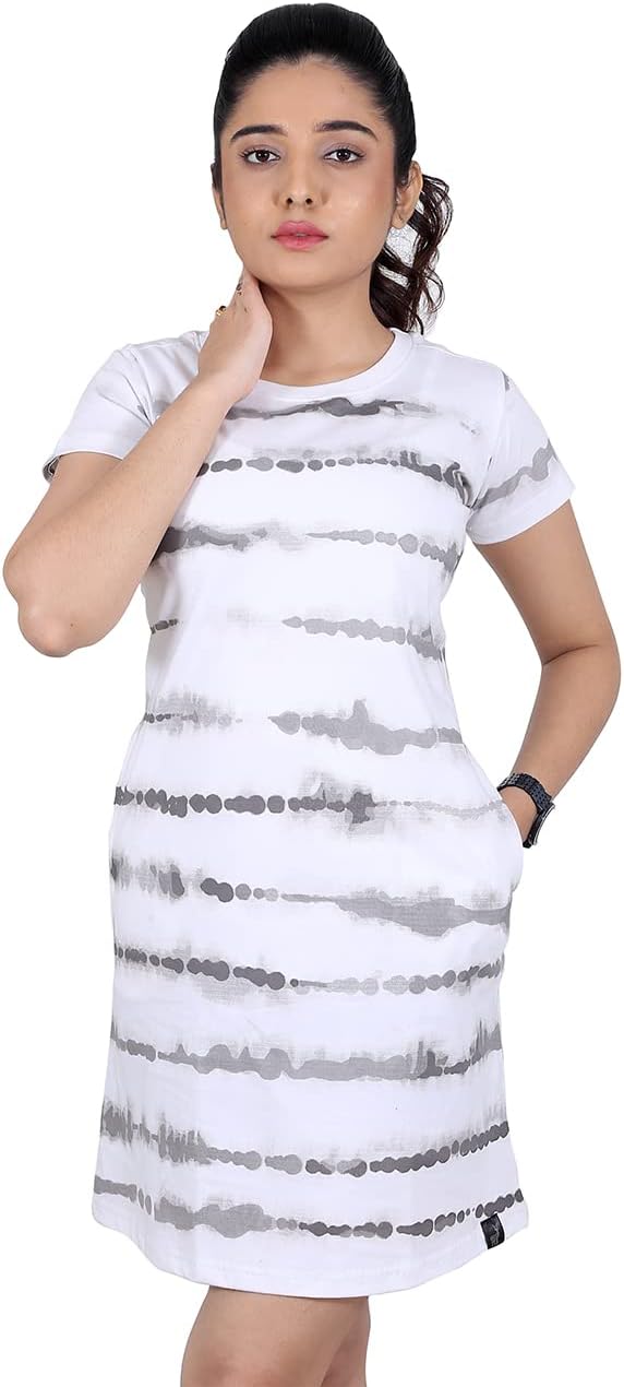 The White Buck Apparels Women's Cotton Regular Fit Round Neck Stripes Printed Skater Dress |(White)
