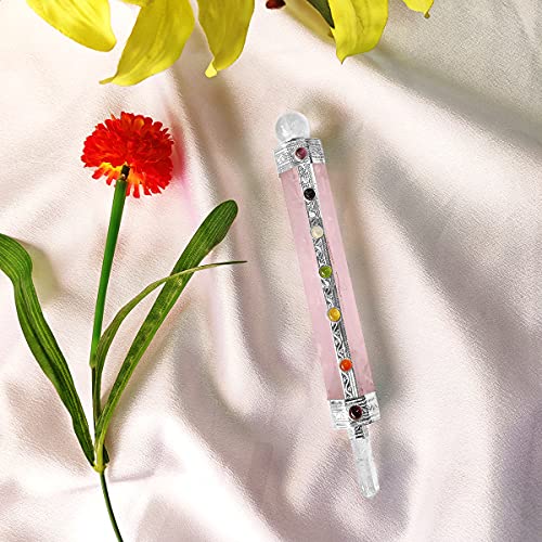 Image of Rose Quartz Seven Chakra Wand with Crystal Ball Stone for Spirituality,Healing,Rose Quartz Wand Embellish with Seven Chakra Stone-Pink