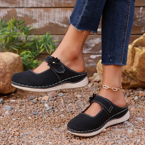 Clogs for Women Leather Comfort Mules Hollow Out Flowers Closed Toe Sandals Summer Casual Arch Support Slip On Slippers Walking Shoes3