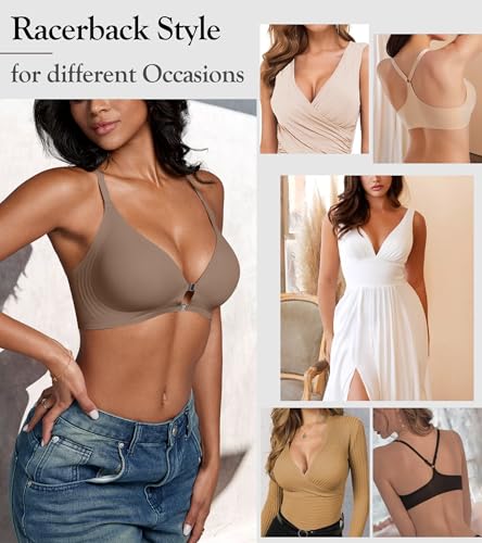 Image of DEANGELMON Front Closure Bras for Women Racerback Bra No Underwire Seamless Push Up T-Shirts Bras Supportive Womens Bralettes