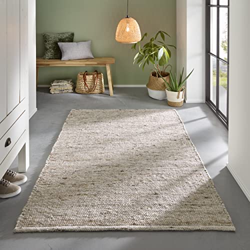 TacaHome Wollteppich Handweb Teppich Gewalkt I Reine Schur-Wolle im Skandinavischen Design I Wohnzimmer Schlafzimmer Esszimmer Kinderzimer Büro | 70 x 240 cm Sand