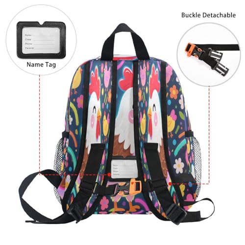 Wudan Colorful Chicken Art Kids School Backpack Chest Strap Preschool Kids Bookbags for Kindergarten S3