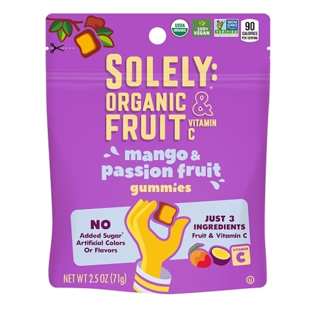Solely Organic Fruit Gummies, Mango & Passionfruit, Fruit & Vitamin C, No Artificial Colors or Flavors, No Added Sugar, Vegan Friendly, Kosher, USDA