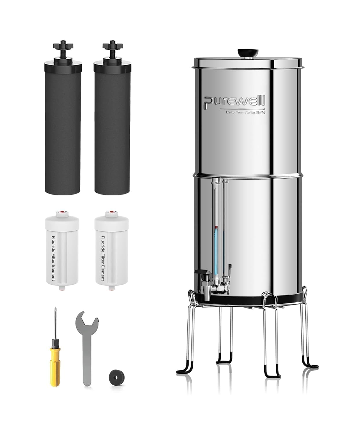 Purewell Filtr grawitacyjny do wody 5,7 litra - zbiornik ze stali nierdzewnej 304 + 4 filtry (węgiel/fluor) - kran wizualny - usuwa 99% fluorów/chloru/metali - bez prądu