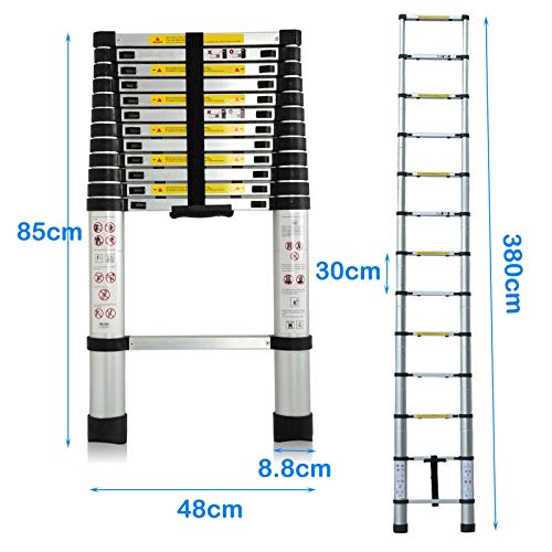 3.8M 12.5FT Aluminum Telescoping Collapsible Roof Climbing Ladder for Home Loft Attic Ladder, EN131