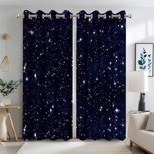 Ttincceer Cortinas opacas con diseño de galaxia estrellada para dormitorio de niños, azul oscuro, espacio exterior, universo, oscurecimiento de habitación, cortinas de ventana de nebulosa, estrellas