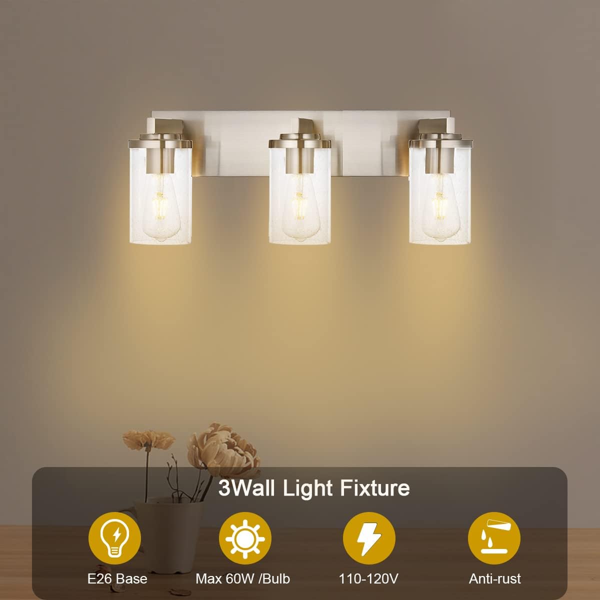 BONLICHT Brushed Nickel Vanity Light 3 Lights Modern Bathroom Light Fixtures Over Mirror with Seeded Glass, Industrial Metal Indoor sconces Wall Lighting for Powder Room Hallway Kitchen Sink Cabinet