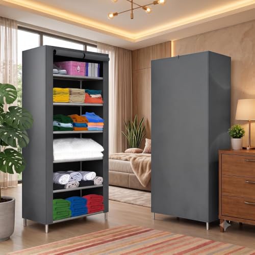 Image of Ulif Multipurpose 𝗖𝗼𝗹𝗹𝗮𝗽𝘀𝗶𝗯𝗹𝗲 𝗪𝗮𝗿𝗱𝗿𝗼𝗯𝗲 Cabinet | 𝗙𝗼𝗹𝗱𝗮𝗯𝗹𝗲Fabric Organizer with 𝟲 𝗦𝗵𝗲𝗹𝘃𝗲𝘀 | Portable Clothes 𝗦𝘁𝗼𝗿𝗮𝗴𝗲 𝗥𝗮𝗰𝗸 for Bedroom