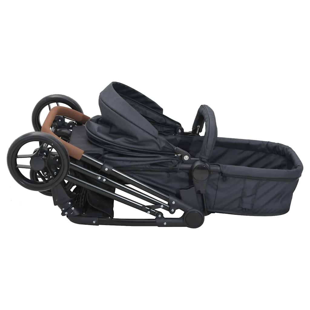 2-in-1 Kinderwagen Buggy Anthrazit Schwarz Stahl Kombi mit Liegefunktion und verstellbarem Sitz klappbar für Stadt, Reise, Urlaub mit Sonnendach und Stauraum