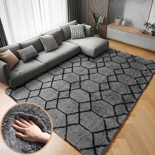 ONASAR 5x8 Area Rugs for Living Room, Fluffy Soft Grey and Black Geometric Rug for Bedroom, Shaggy Fuzzy Plush Moroccan Floor Carpet for Kids Boys Girls Teen Nursery Dorm Office Home Decor Aesthetic