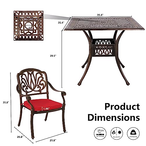 Grepatio 5 Piece Cast Aluminum Patio Dining Set Outdoor Furniture Set Patio Garden Set With 4 Dining Chairs With Red Cushion, 1 Patio Square Table, 2.4" Umbrella Hole Antique Bronze #TOP5