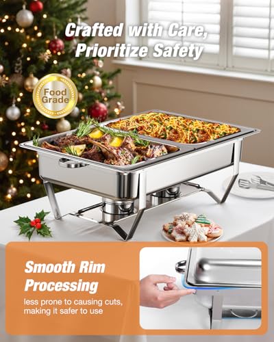 WARMOUNTS Rectangular Chafing Dishes for Buffet with Upgraded Multi-Size Food Pans (9QT, 4Pack), Large Chafing Dish Set w/Mirror-Polished Stainless Steel, Rolled Rim, Foldable Frame, for Parties