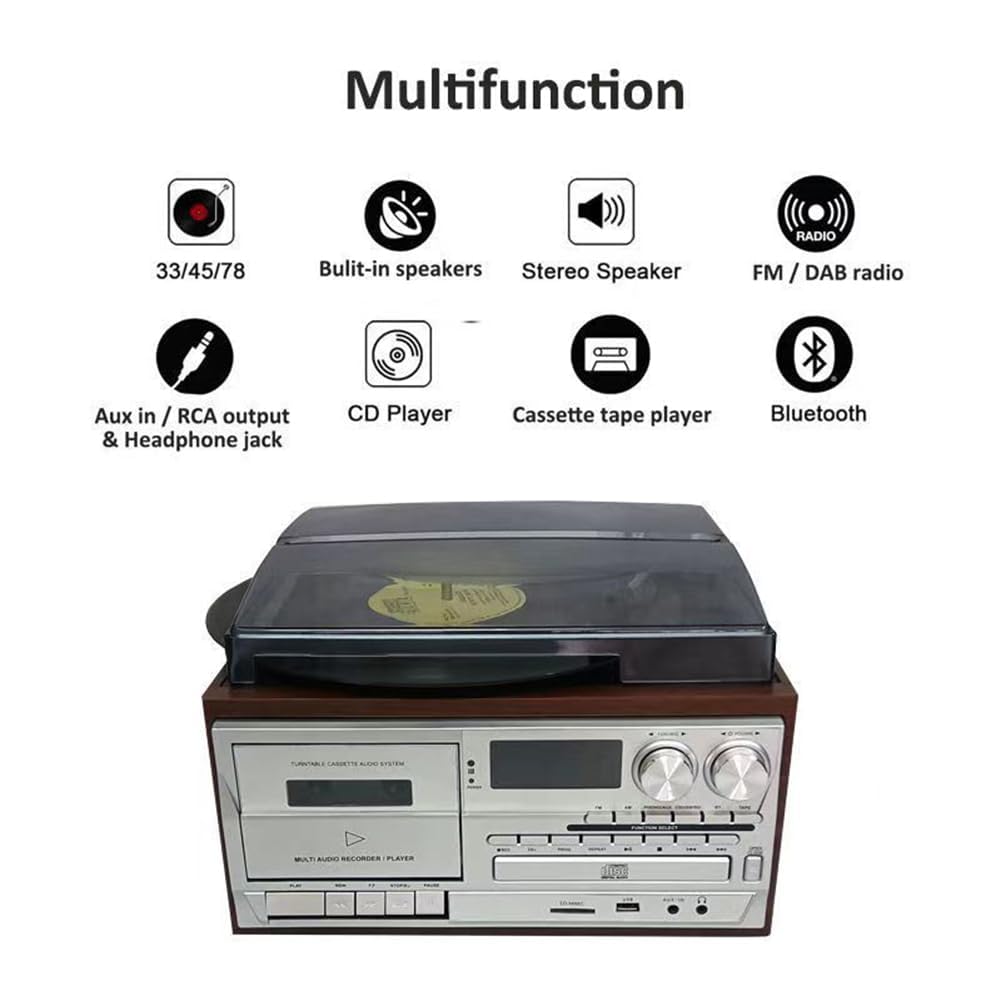 Sistema di intrattenimento retrò 10 in 1 con Bluetooth, lettore di cassette, giradischi in vinile, telecomando, altoparlanti integrati per uso domestico e ufficio