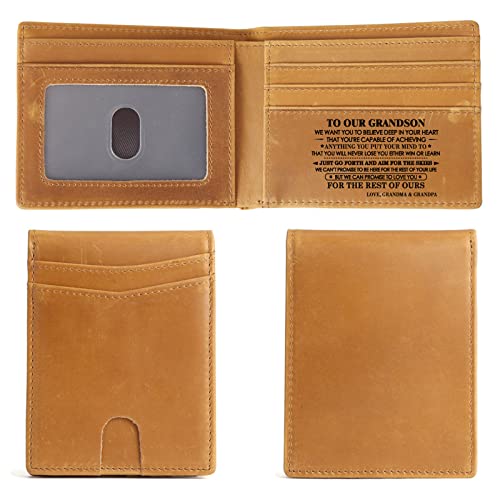 Engraved Mens Bifold Wallet Personalized Leather Wallet for Men, to My Husband Son Grandson Card Cases Money Organizers Wallet (To Our Grandson from Grandma & Grandpa)