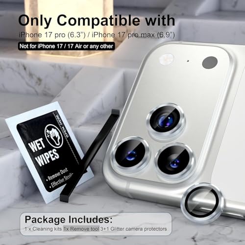 Image of Choiche Camera Lens Protector Compatible for iPhone 17 Pro / iPhone 17 Pro Max - 9H Tempered Glass Camera Cover with Metal Ring Decoration, Scratch-Resistant Screen Protector (Silver, HD Clarity, Easy Install)