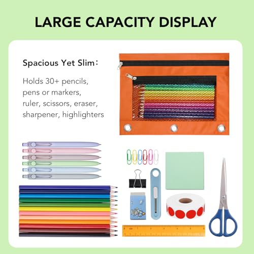 Image of Pencil Pouch for 3 Ring Binder, Heavy Duty Canvas Dual Zipper Pen Bag with Clear Window, Smooth Metal Zipper, Fit Standard 3-Ring Binders for School Office Travel Supplies (Orange)