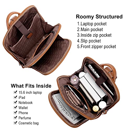 Cluci Leather Laptop Backpack For Women 15.6 Inch Computer Backpack Travel Business Work Large Daypack Off-White With Brown And Black #TOP2