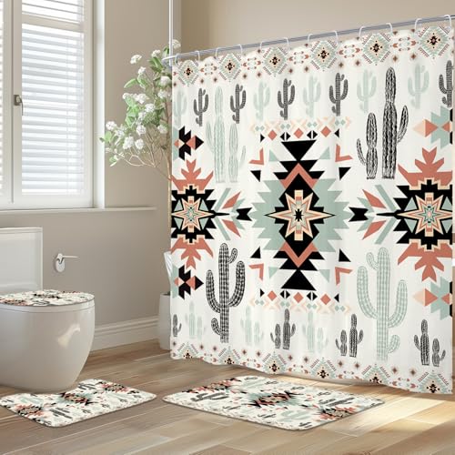 Newsely Western Aztec Cactus Shower Curtain Set with Non-Slip Rugs,