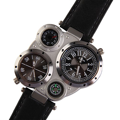 Image of Men OULM Military Army Dual Time Zones Big Dial Leather Sports Watch Black